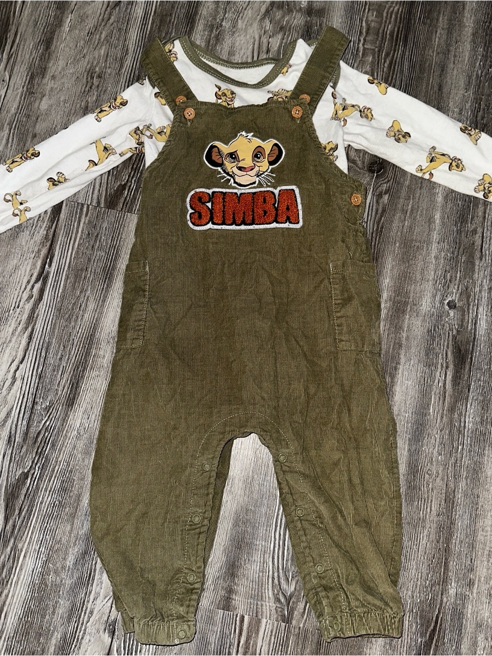 Disney Baby The Lion King Simba Olive Green Kids Overalls w/ Long Tee Size 24M